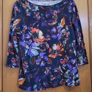 2/$12 Lands' End Navy/Orange/Lavender Flowered 3/4 Sleeve Cotton T Small Petite
